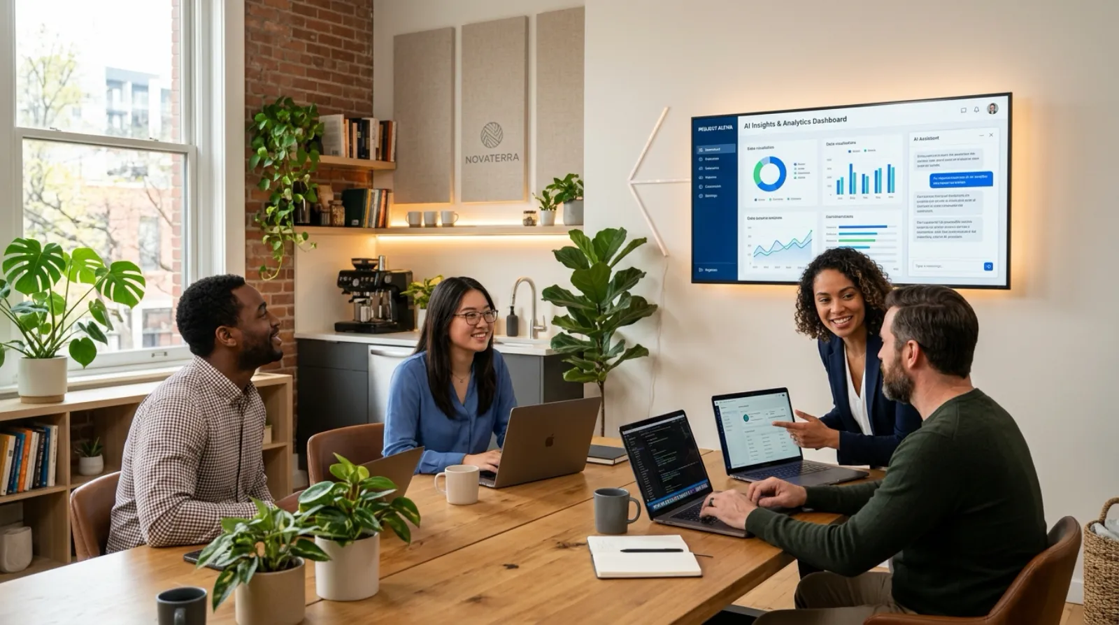 A small team using an AI dashboard together in a modern office